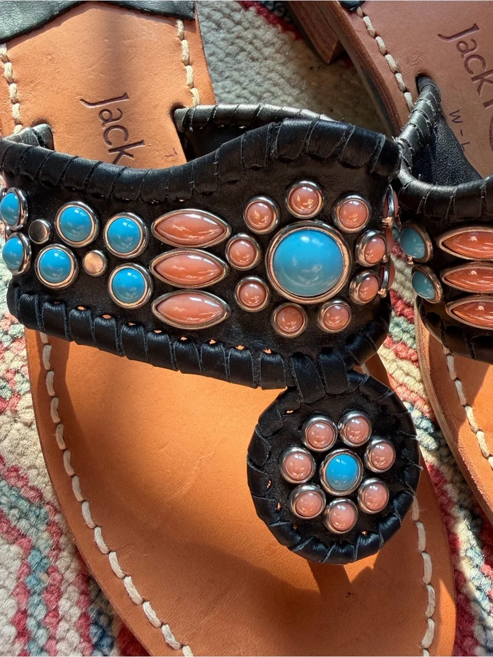 Jack Rogers Black Leather Sandals with Turquoise and Coral Beading
